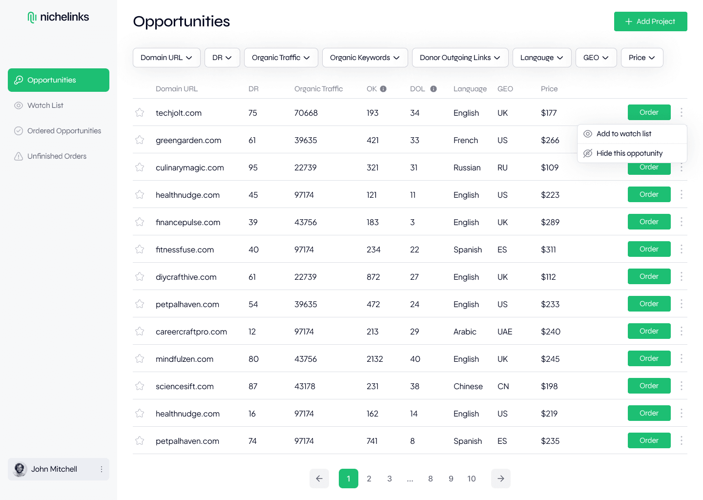 WebMastry dashboard interface showing opportunities management